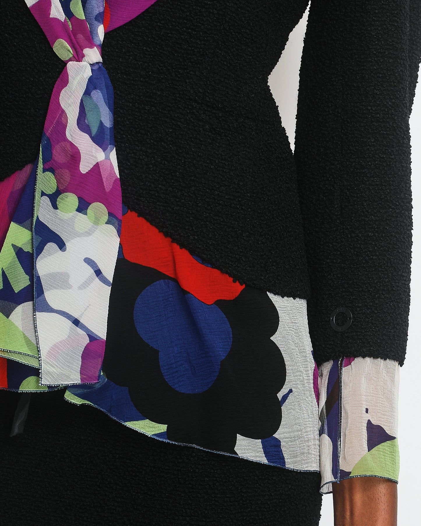 Chanel Black Tweed Jacket and Skirt Set with Silk Multi-Coloured Trim Detail Trim Size FR 38 (UK 10)