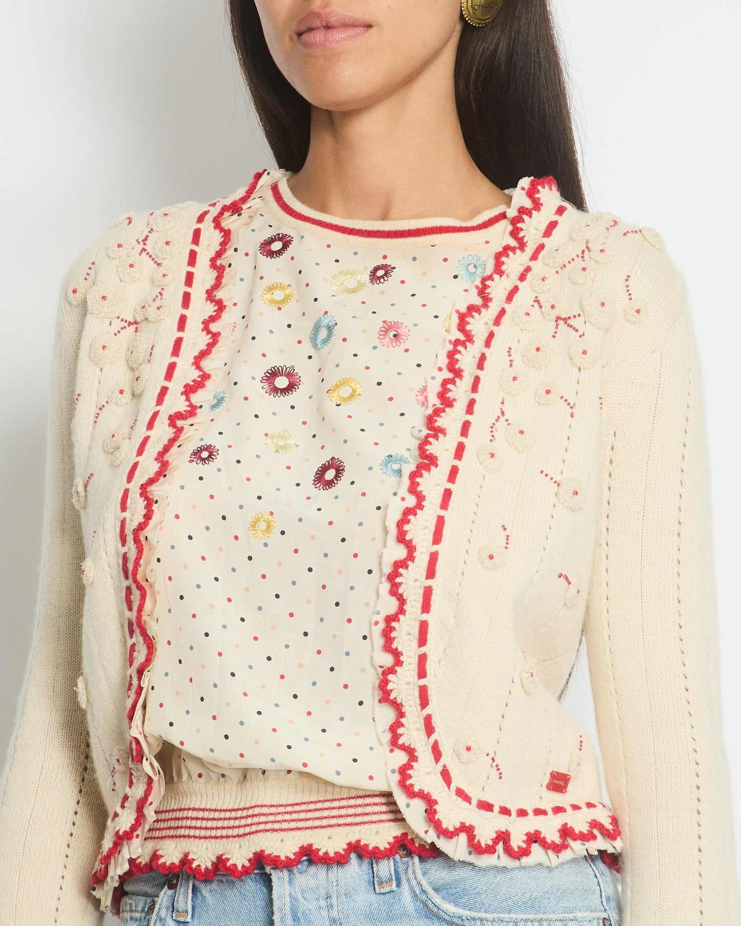 Chanel 05/C Ivory Red Cardigan FR 38 (UK 10) Apparel