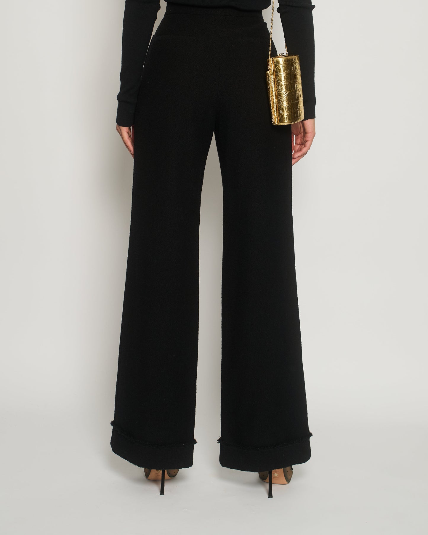 Chanel Black Tweed High-Waist Tro rs with Frayed Trim Detail FR 38 (UK 10) Accessory