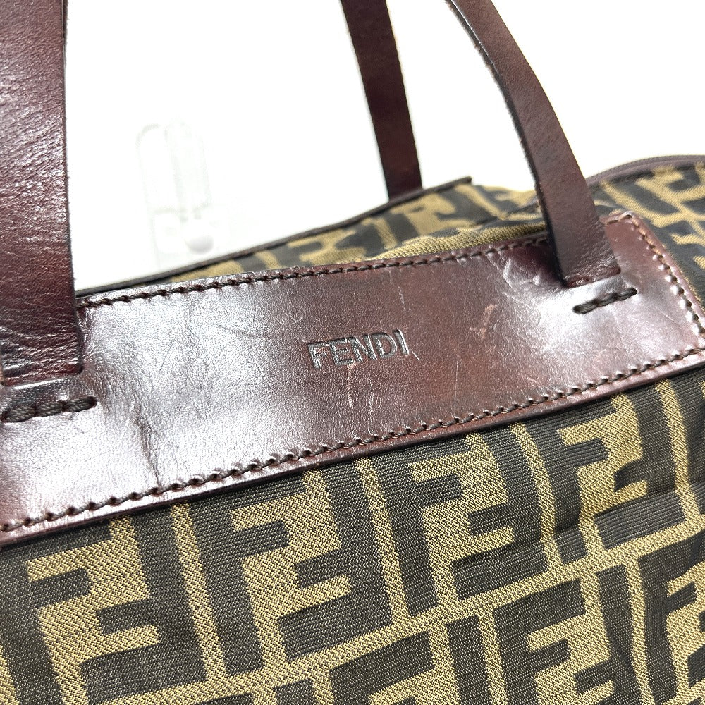 Fendi Tote Bag Zucca Pattern Leather Canvas Brown