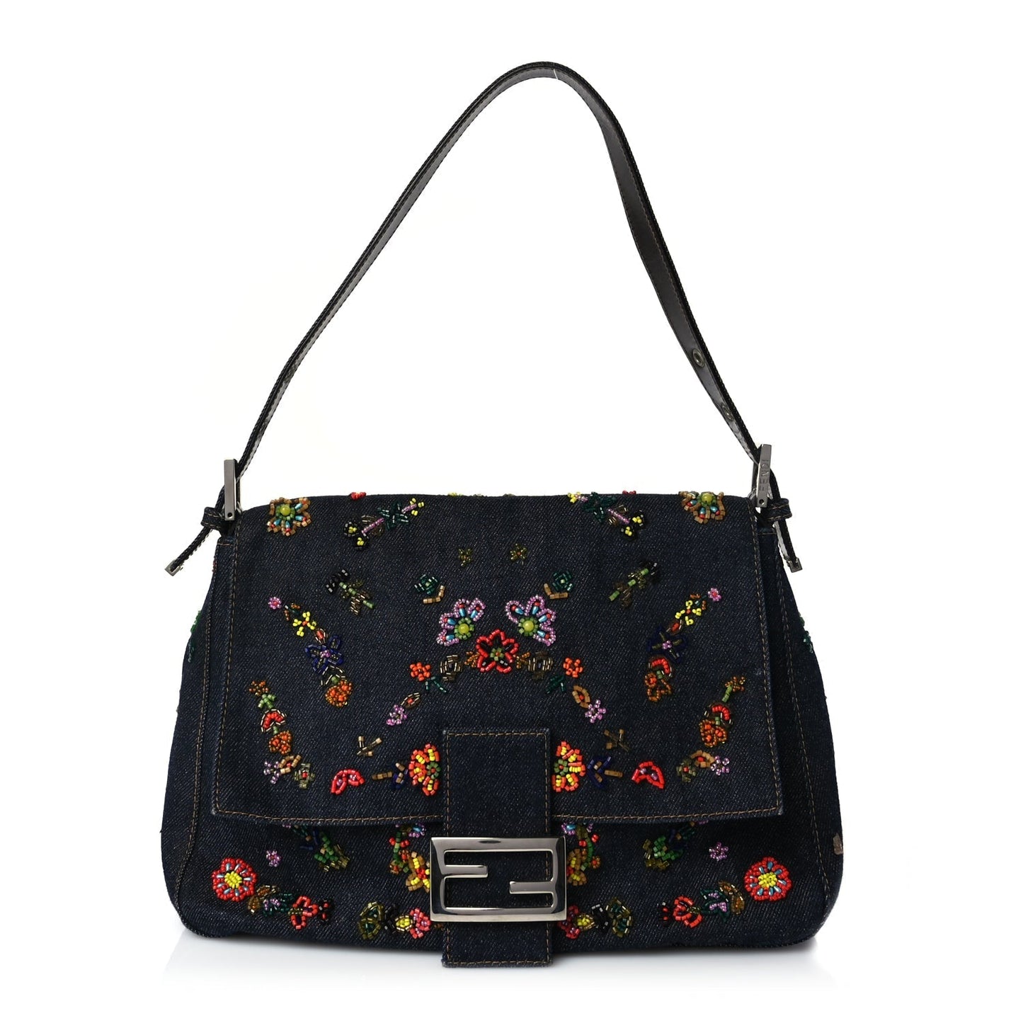 Fendi Handbag Beaded Mama Baguette Denim Blue Shoulder Bag