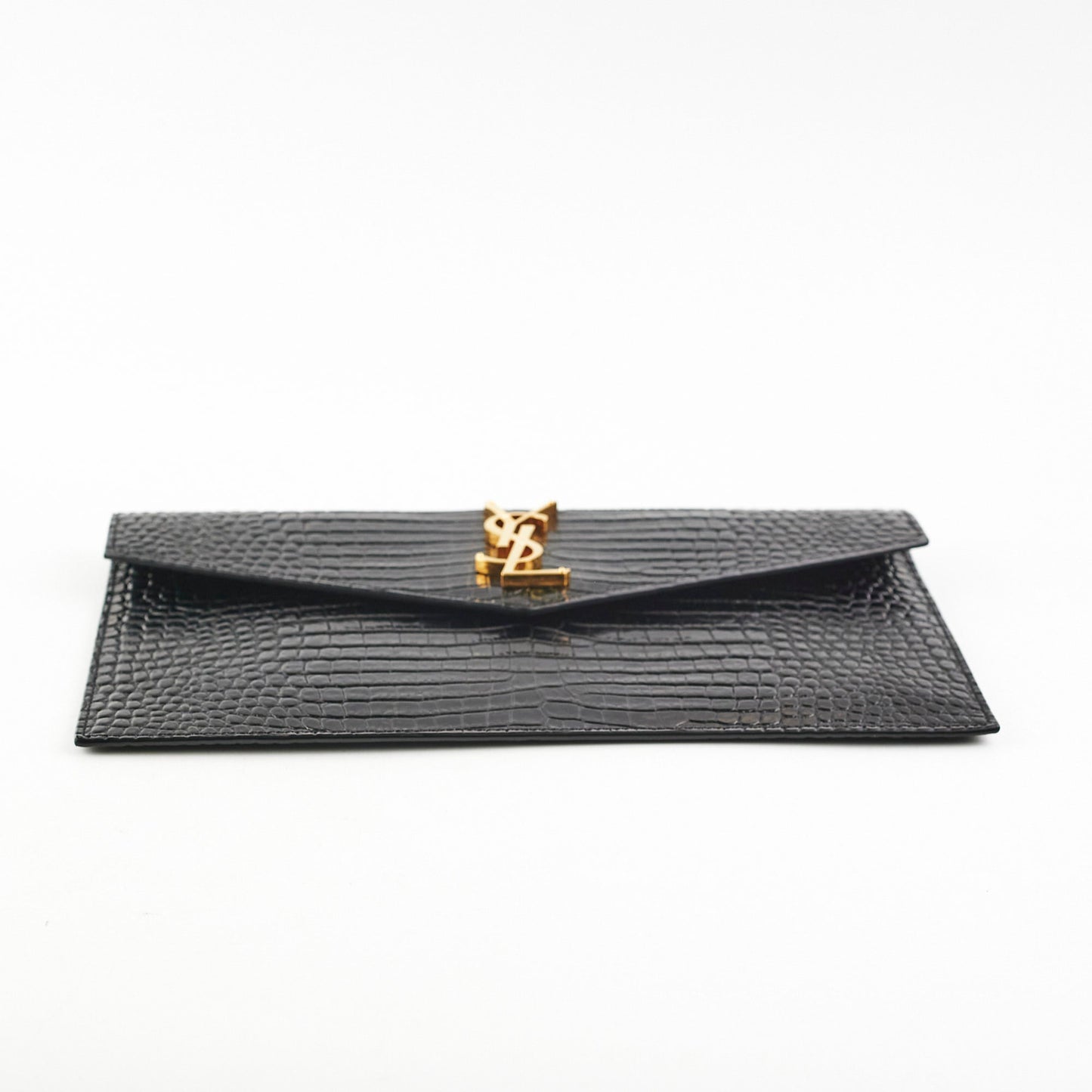 YSL Saint Laurent Uptown Pouch Croc Clutch Black Embossed Clutch Bag