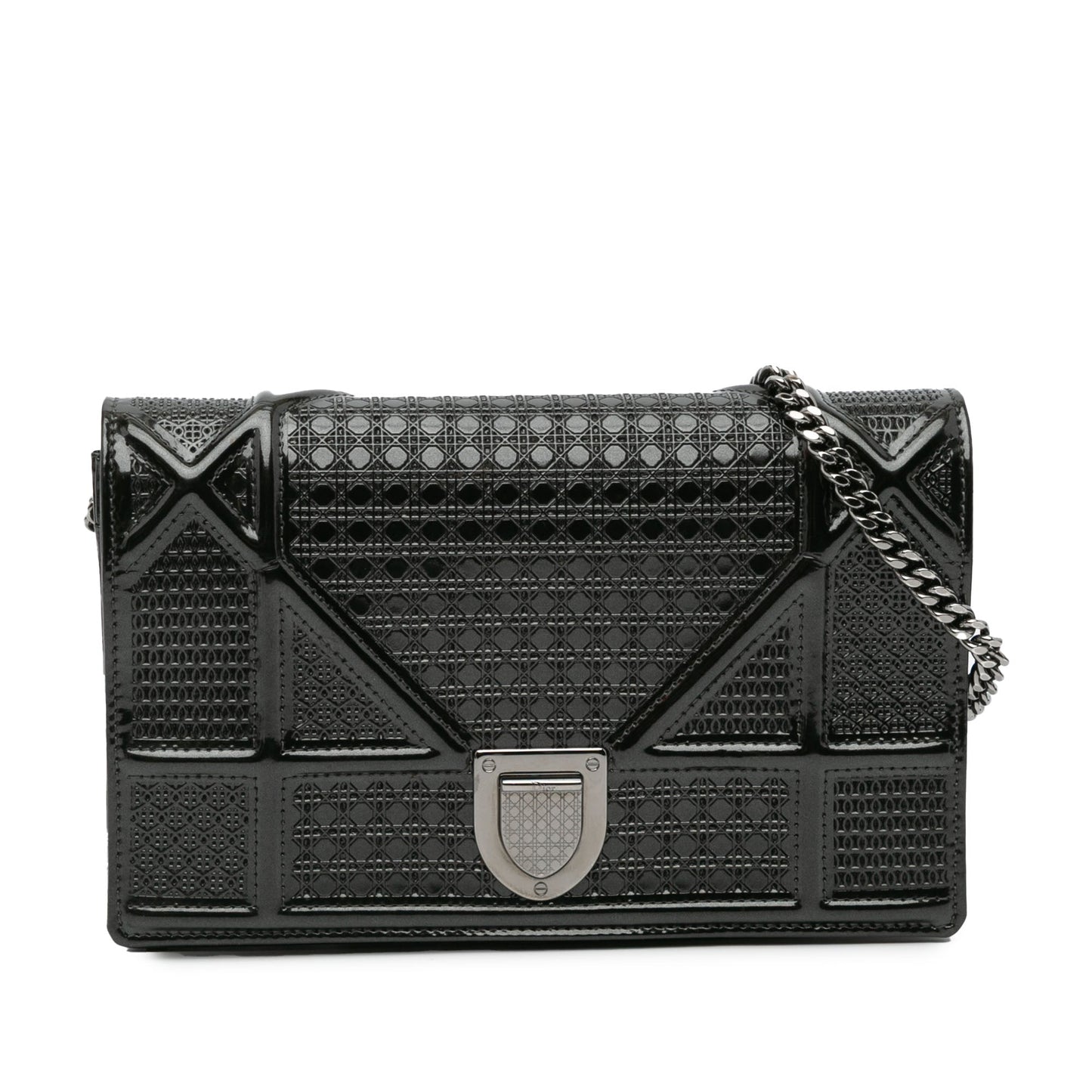 Dior Handbag Metallic Microcannage ama Wallet on Crossbody Bag Patent Black Chain