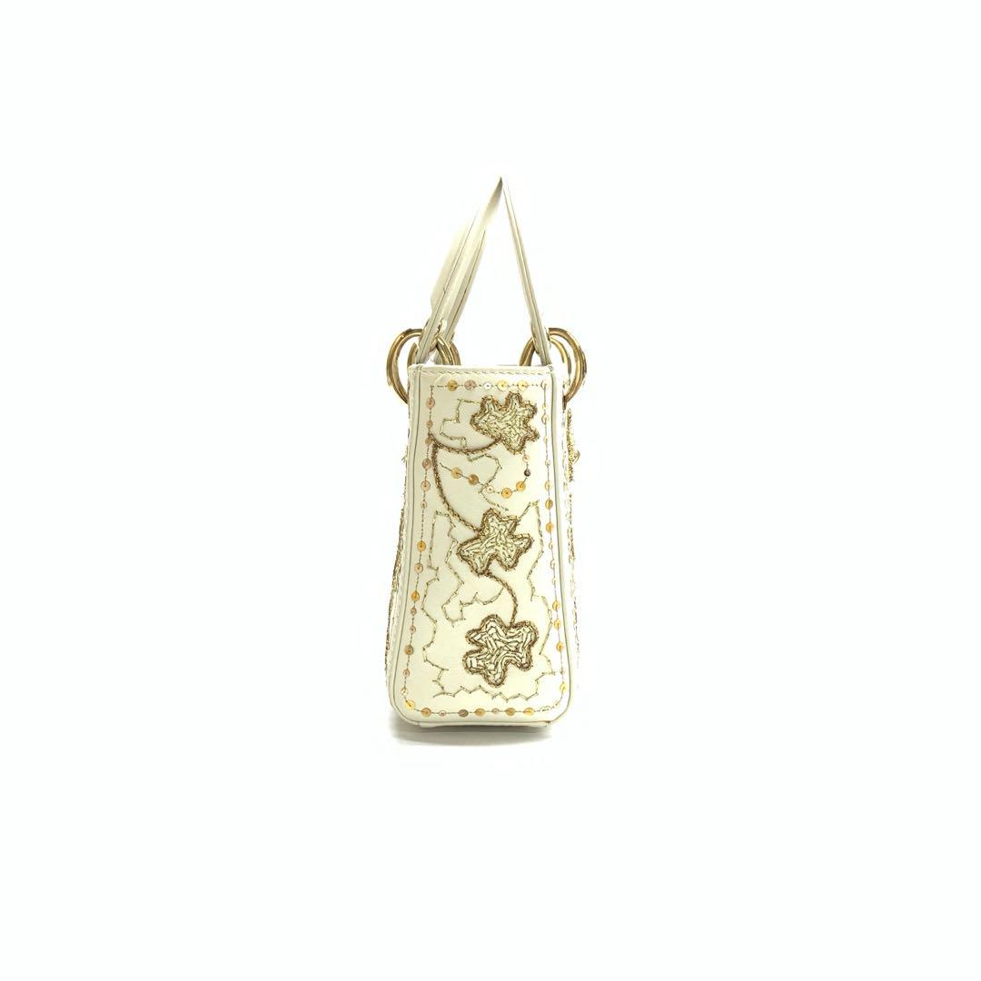 Dior Lady Mini Embroidered Calfskin Gold Beads Crossbody Leather White Crossbody Bag