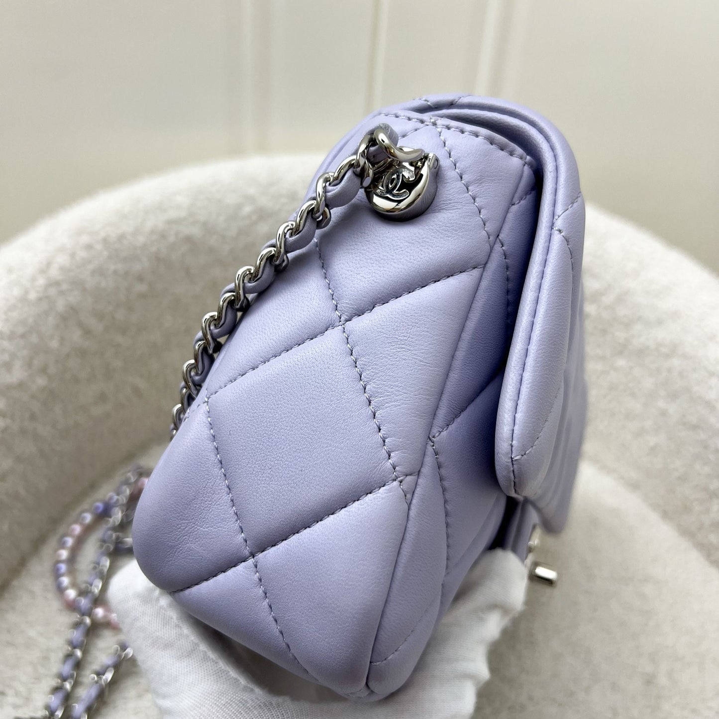 Chanel Perfect Mini Flap Bag in Lilac Lambskin with Pearl and Leather Chain (Adjustable) SHW