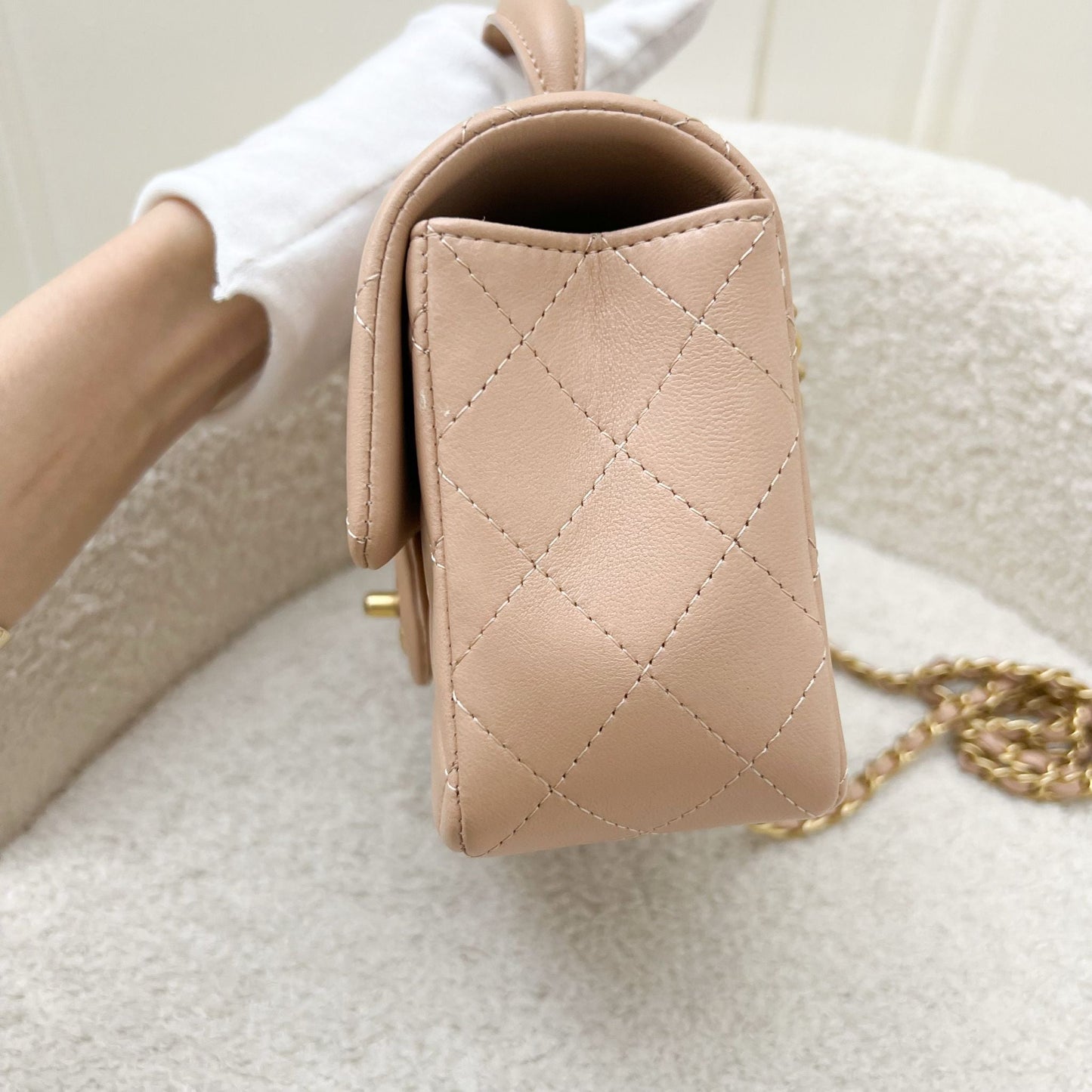 Chanel Top Handle Mini Rectangle Flap in Rose Beige Lambskin in AGHW Bag
