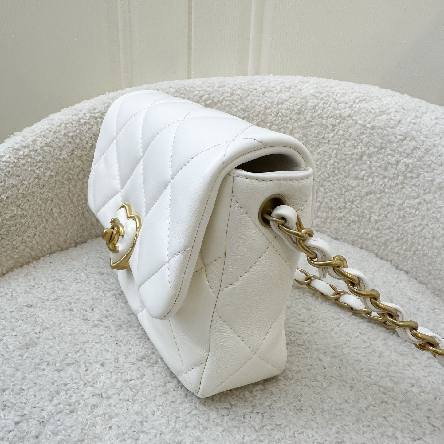 Chanel Heart Clasp Mini Flap in White Lambskin and AGHW Accessory