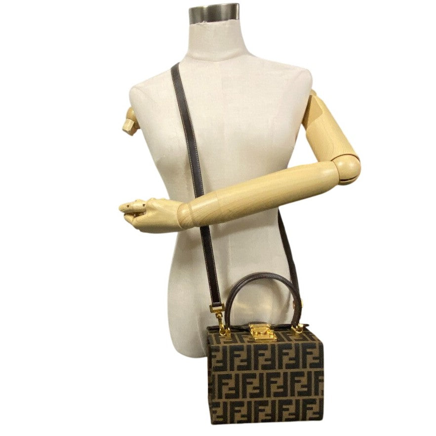 Fendi Handbag Box Shaped Bag Zucca Leather Canvas Brown Travel Bag