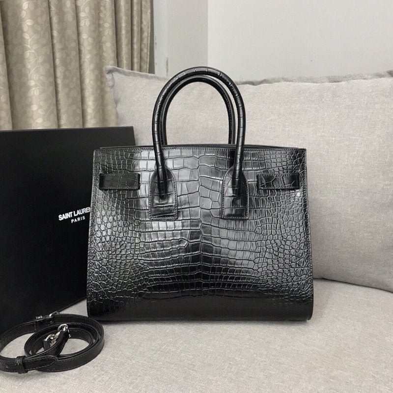YSL Saint Laurent Sac De Jour Embossed 12.5in Crocodile Black Small Travel Bag