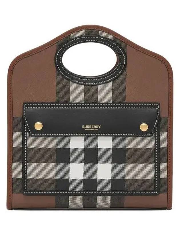 Burberry Luxury Pocket Checked Tote Bag Dark Burch Leather Brown Mini