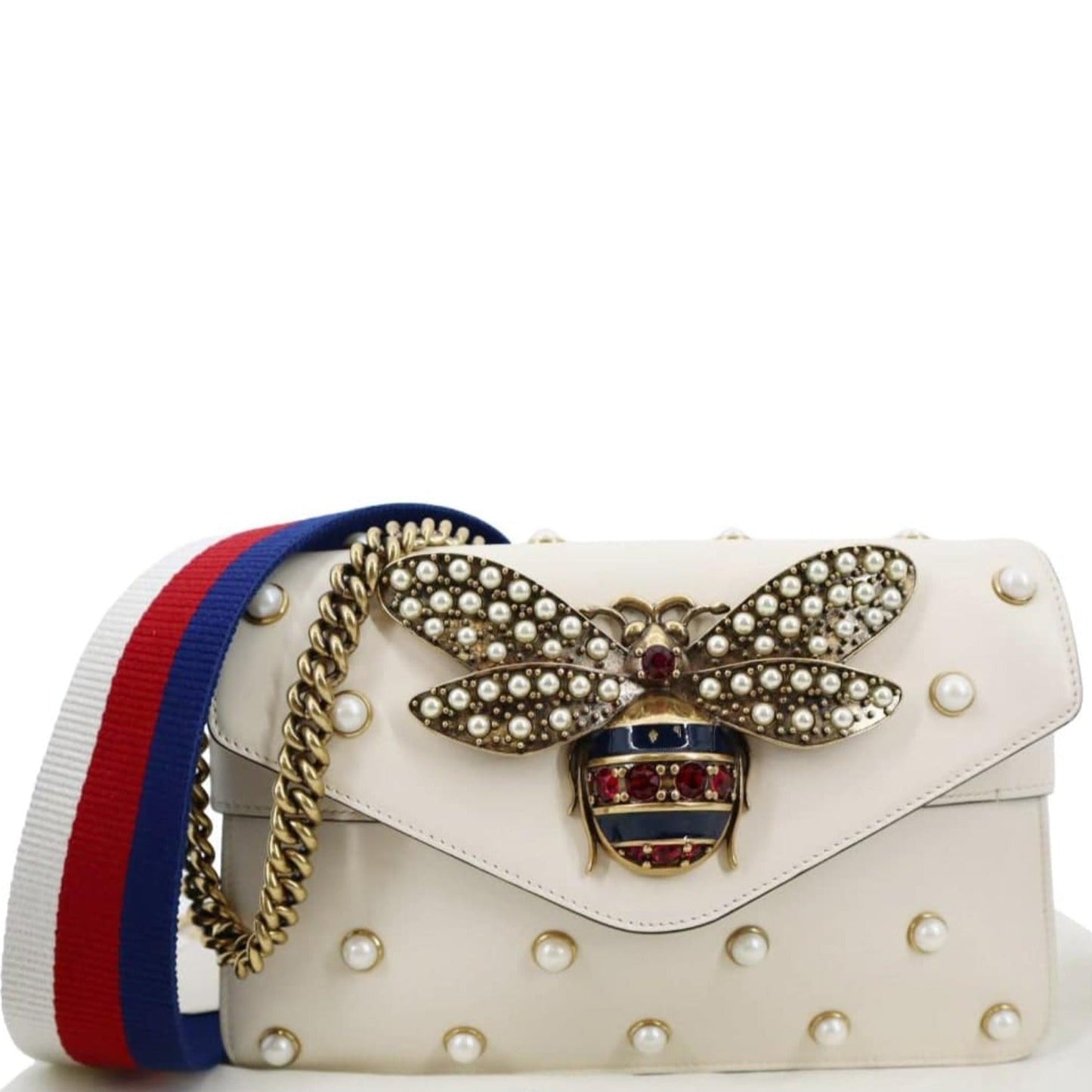 Gucci Pearl Studded Bee Broadway Shoulder Bag Leather White