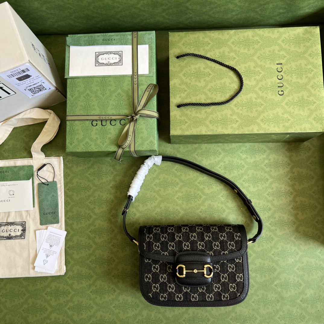 gg Horsebit Ivory gg Jacquard Denim Black Shoulder Bag