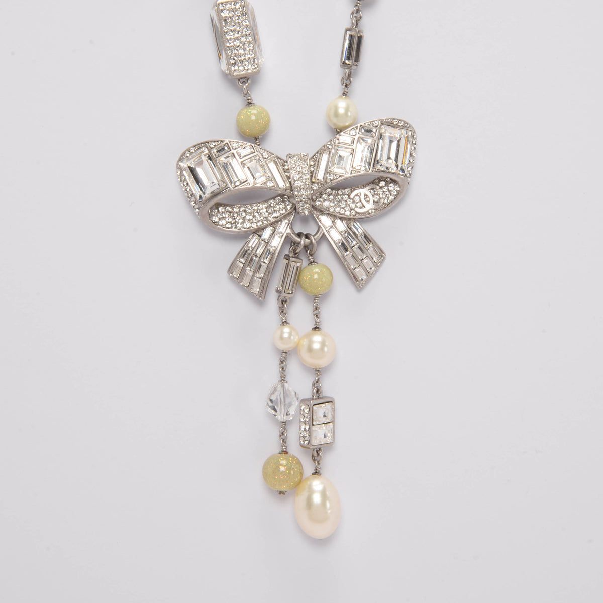 Chanel Silver Baguette Crystal & Pearl Bow Necklace