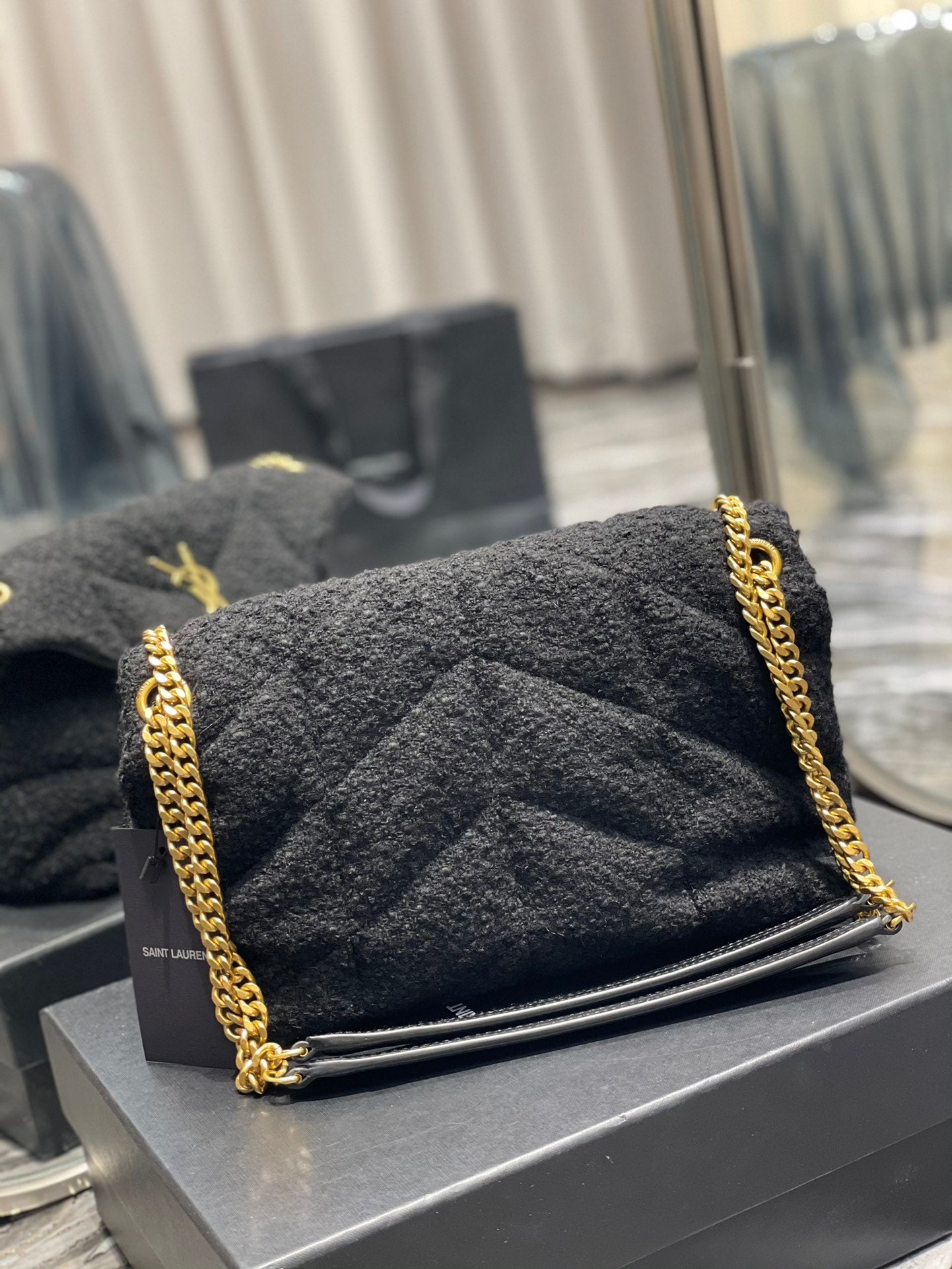 YSL Saint Laurent Puffer , ’s 11in 29cm Black Small Chain Handbag