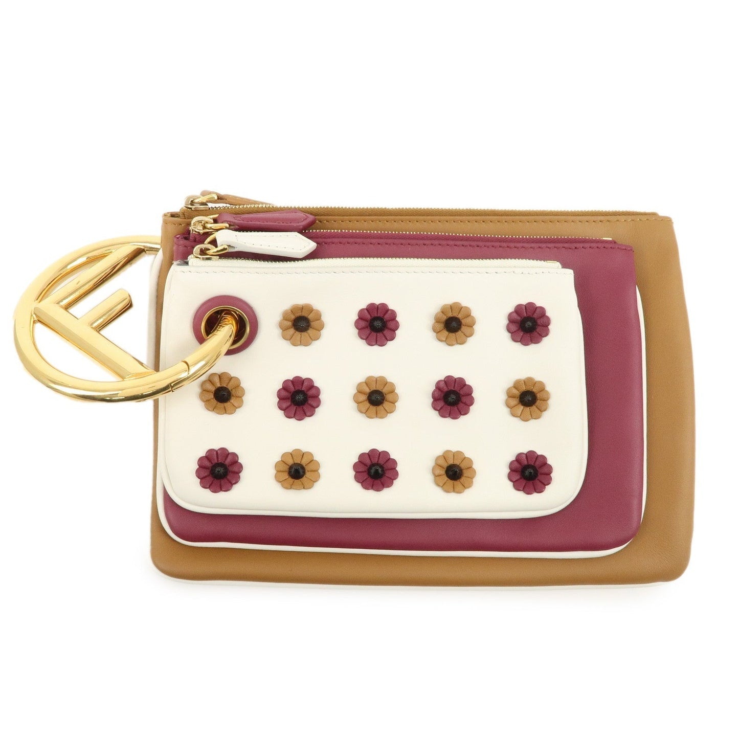 Fendi Flower Studs Triplet Pouch Hand Bag d Leather Handbag
