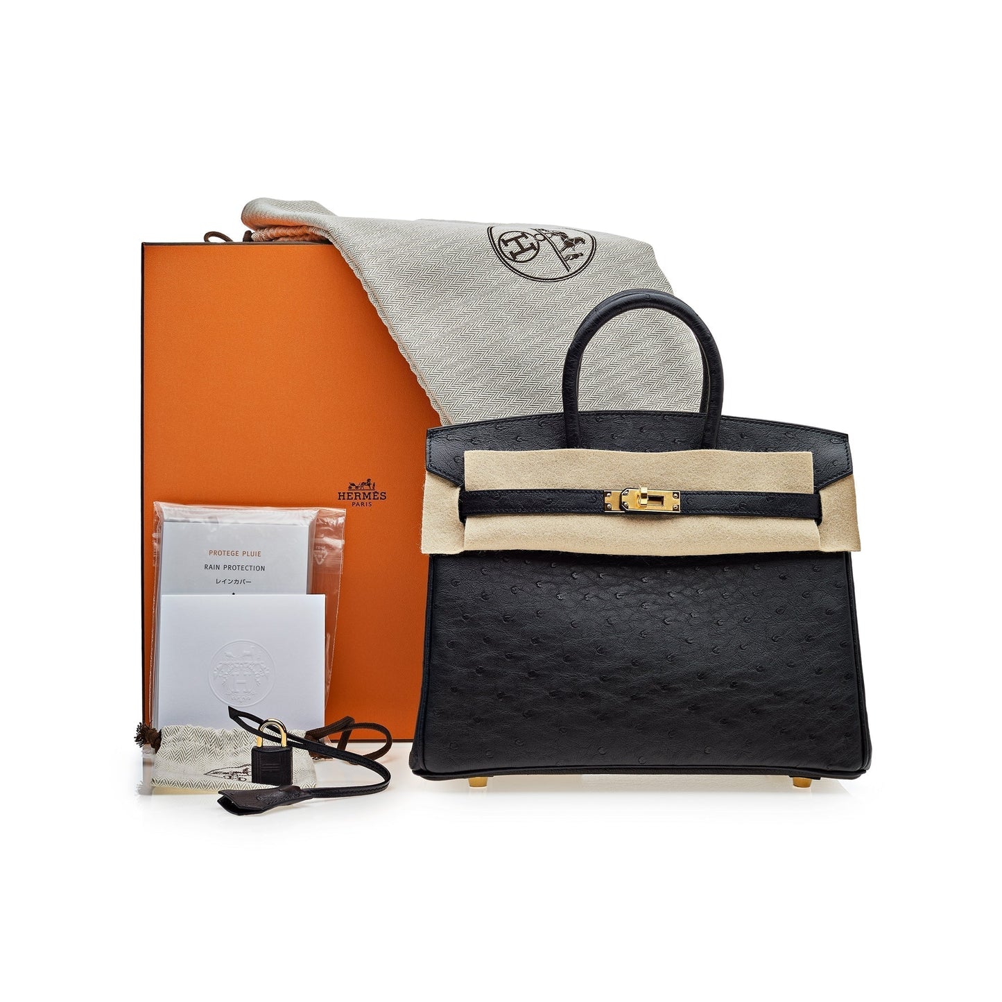 Gucci Hermes Birkin Noir Ostrich Hardware Handbag Leather Gold Travel Bag