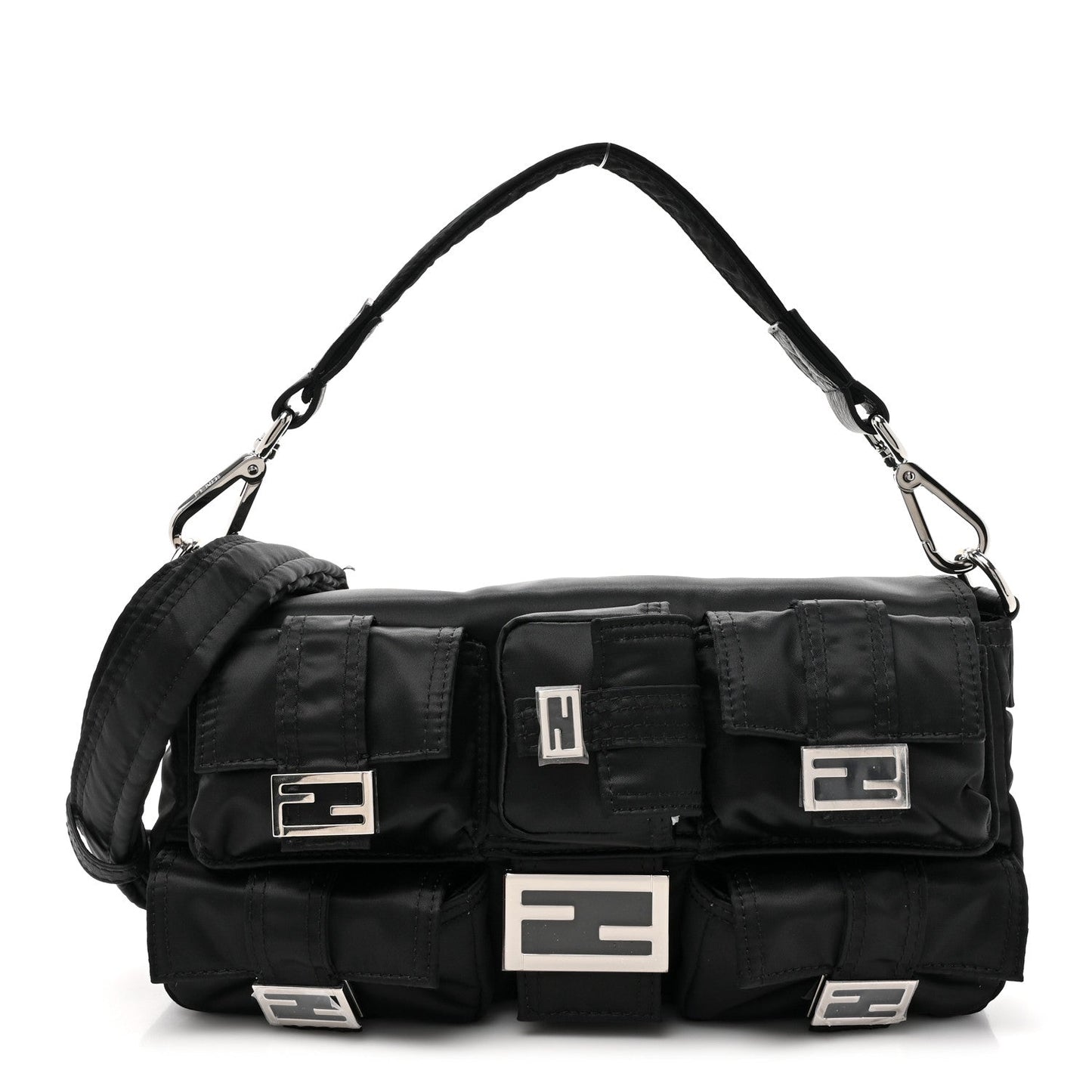 Fendi Crossbody Bag Econyl Cuoio Romano Multipocket Baguette Leather Black Shoulder Bag