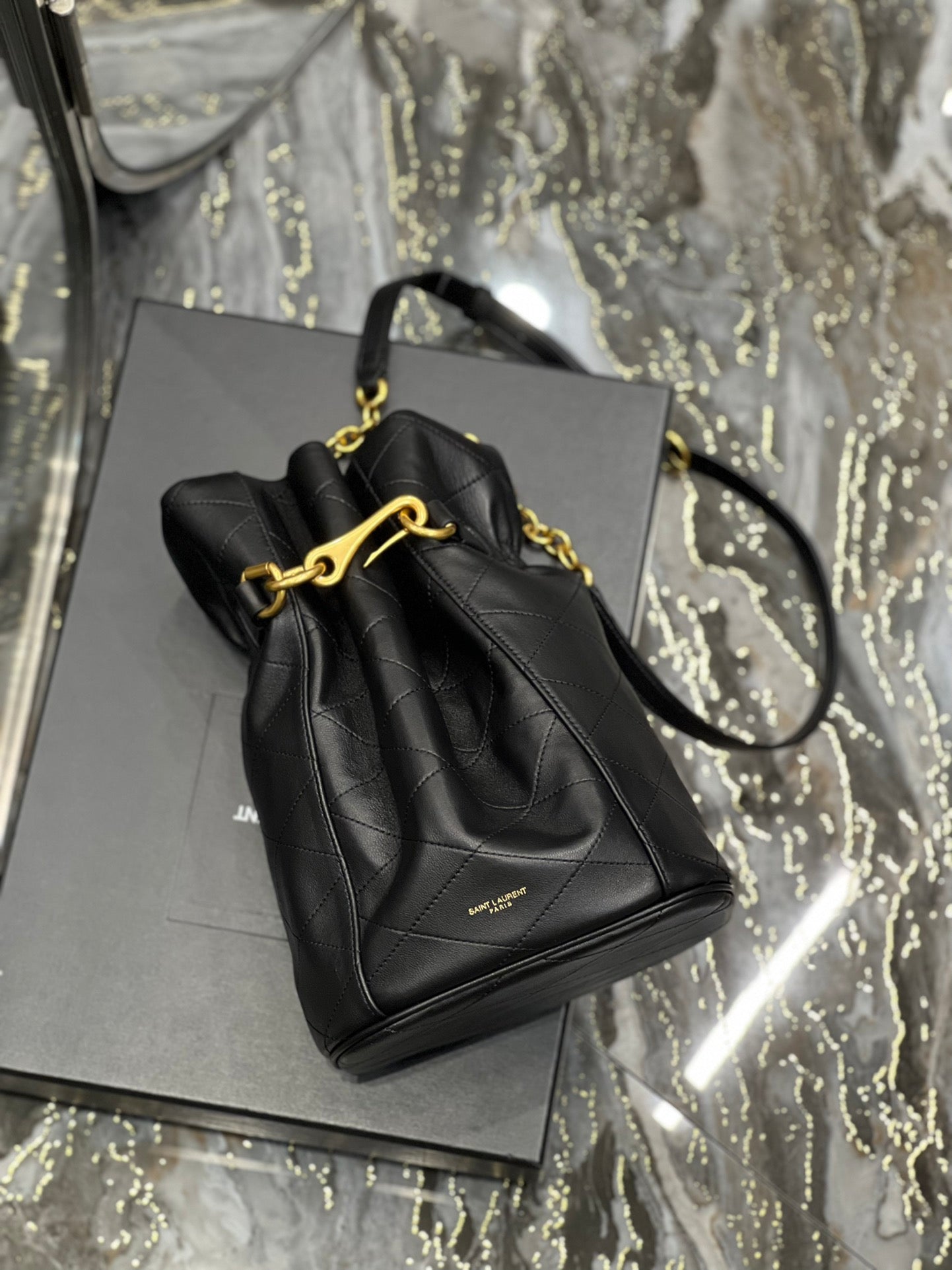YSL Saint Laurent Le Maillon 10in 27cm Black Bucket Bag