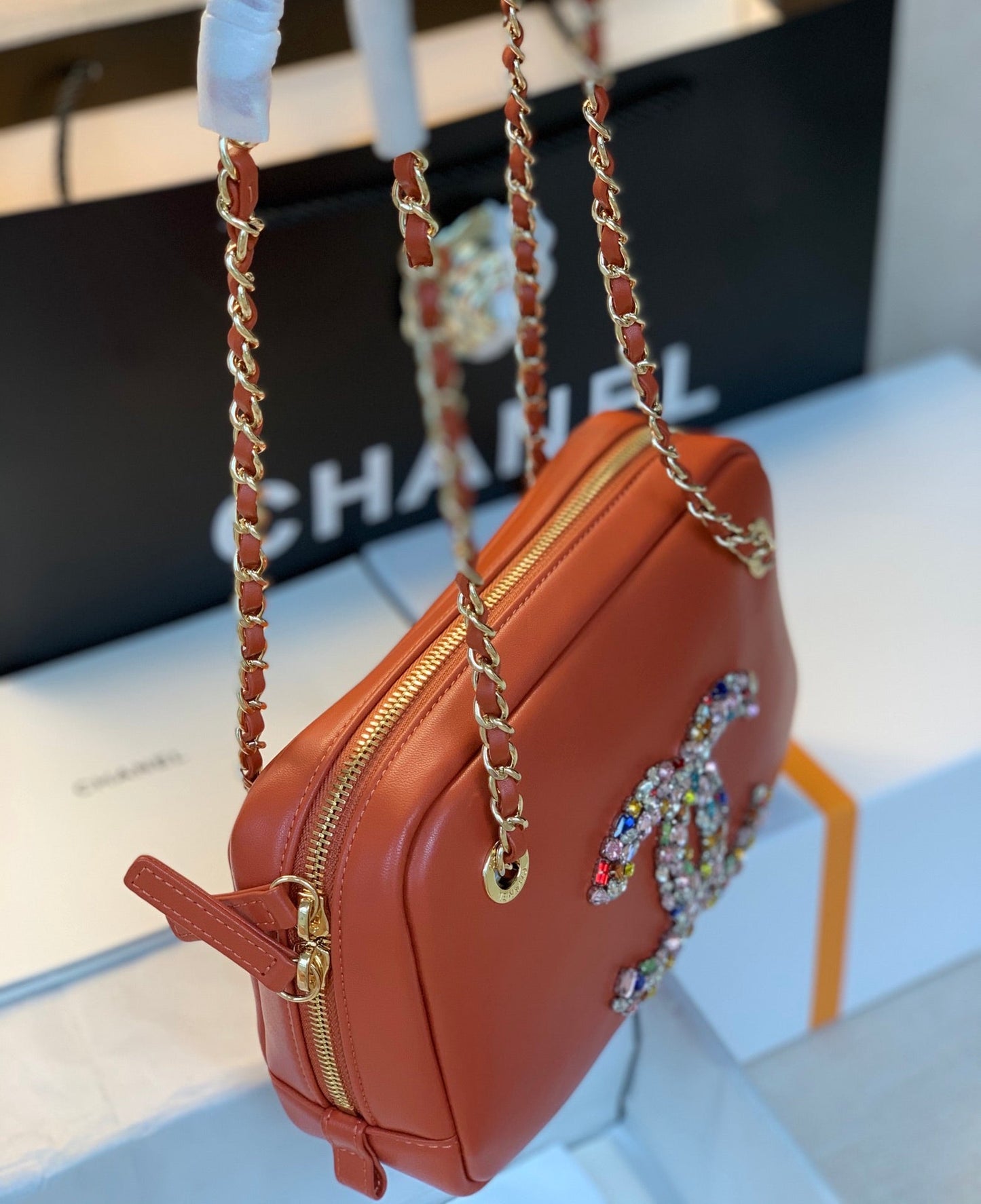 CHL Camera Cubic Diamonds 12.5cm Brown Handbag