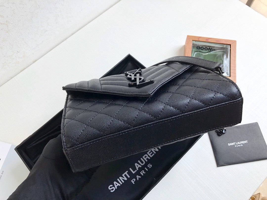 YSL Saint Laurent Envelope Mix Matelassé 8in 21cm Grain De Poudre Black Small Handbag Ysl 600195Bow981000