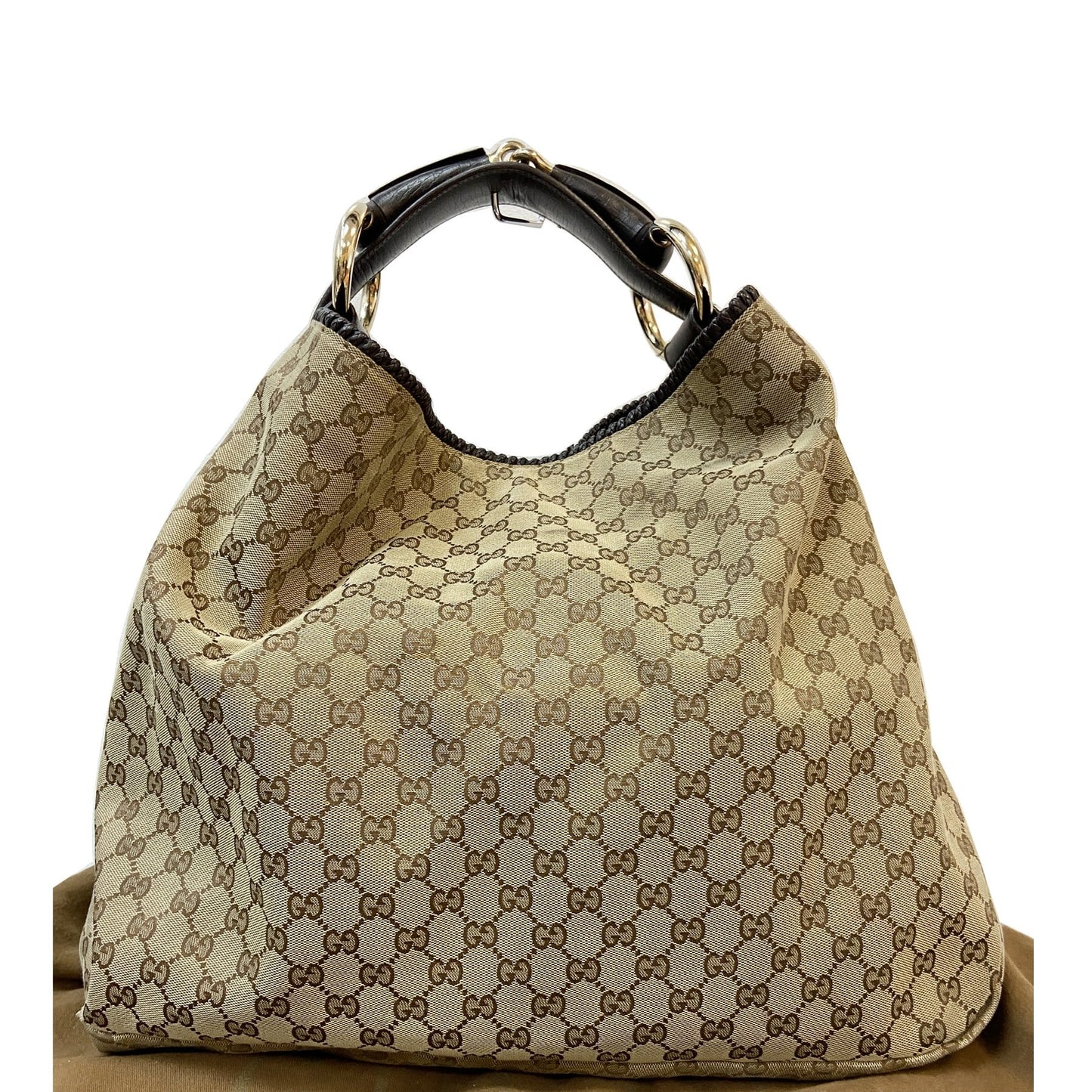 Gucci Horsebit Hobo Bag Canvas Beige Travel Bag Horsebit Large