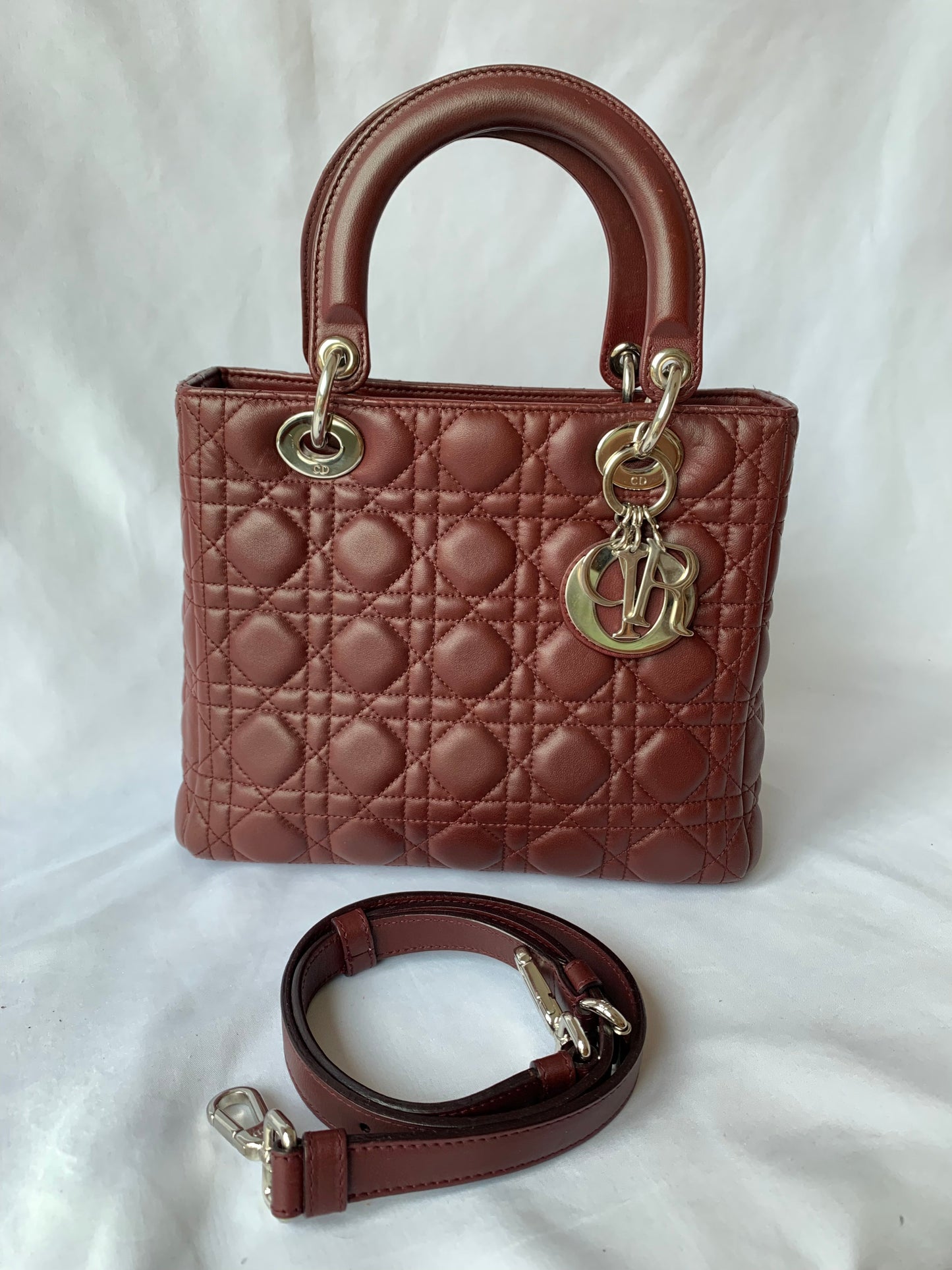 Dior Lady Burgundy Cannage Lambskin With Strap Handbag Leather Medium Travel Bag