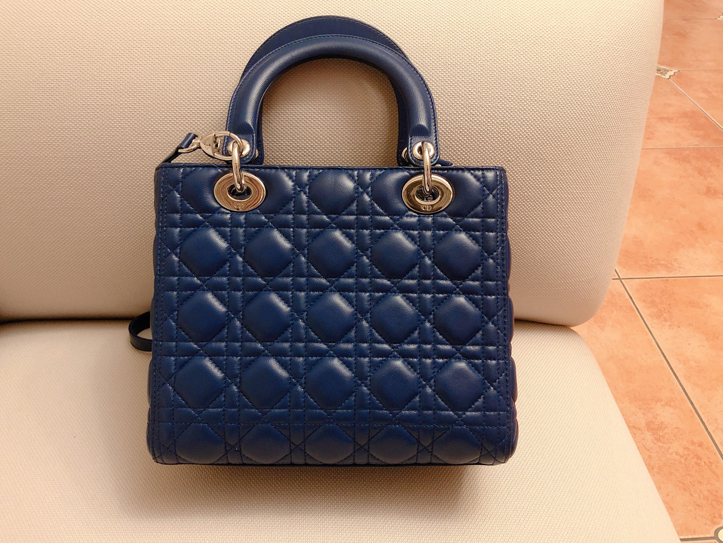 Dior Lady Navy Cannage Lambskin Handbag Leather Blue Travel Bag