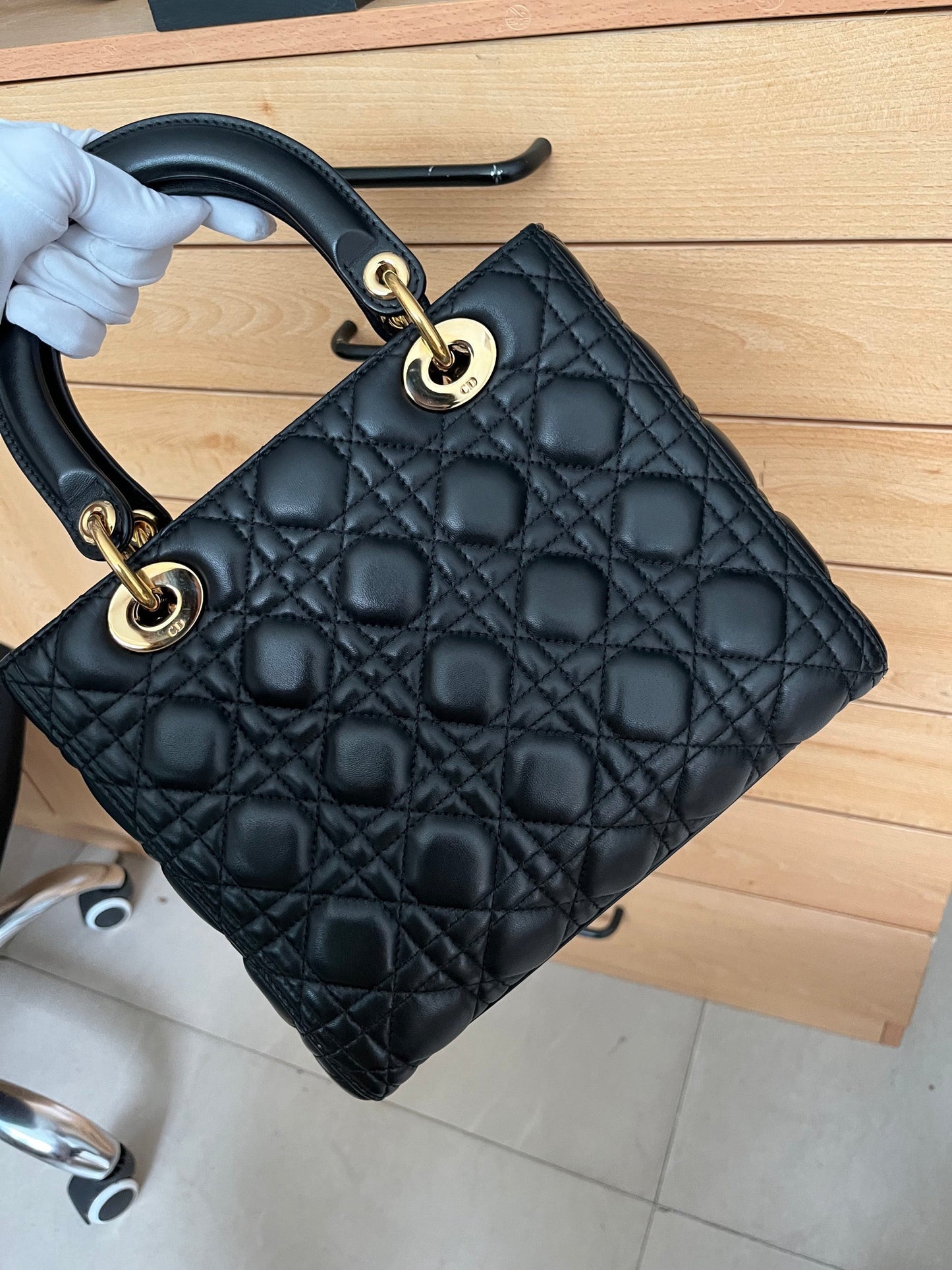 Dior Lady Medium Cannage Lambskin With Hardware Handbag Leather Black Travel Bag