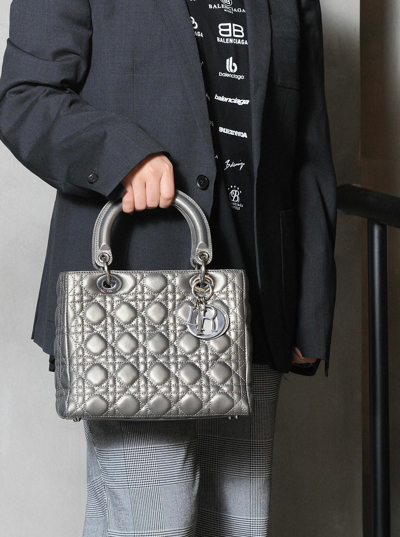 Dior Lady Calfskin Gunmetal Grey Handbag Leather Silver Travel Bag