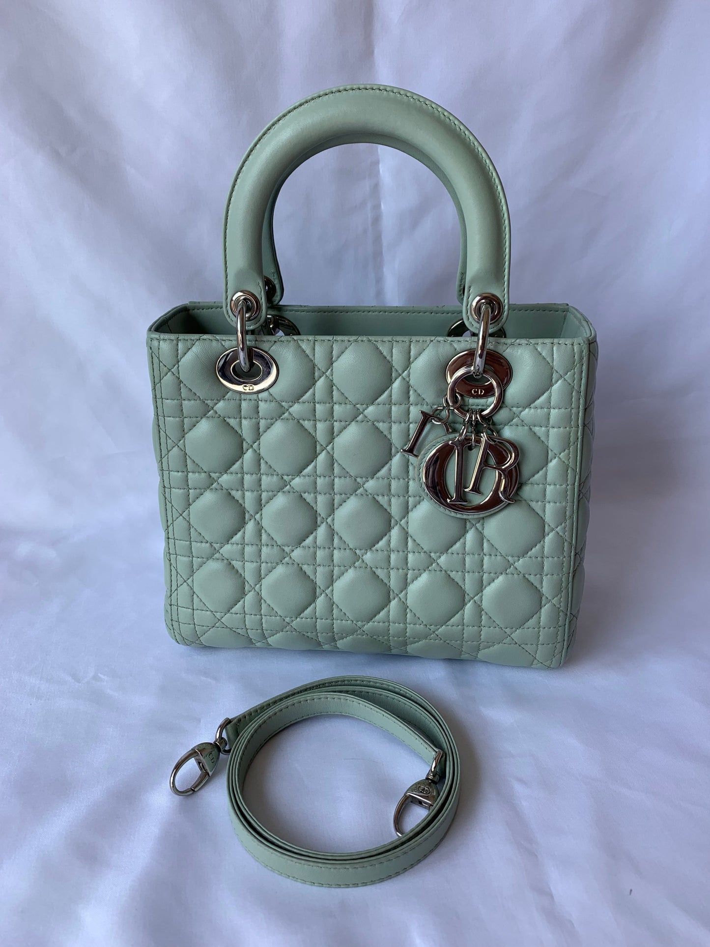 Dior Lady Mint Cannage Lambskin With Hardware And Leather Silver Travel Bag