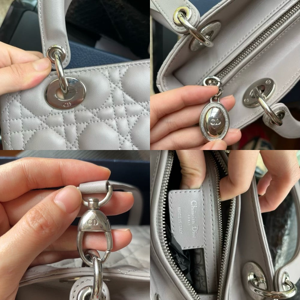 Dior Lady Grey Cannage With Strap Handbag Leather Medium Travel Bag