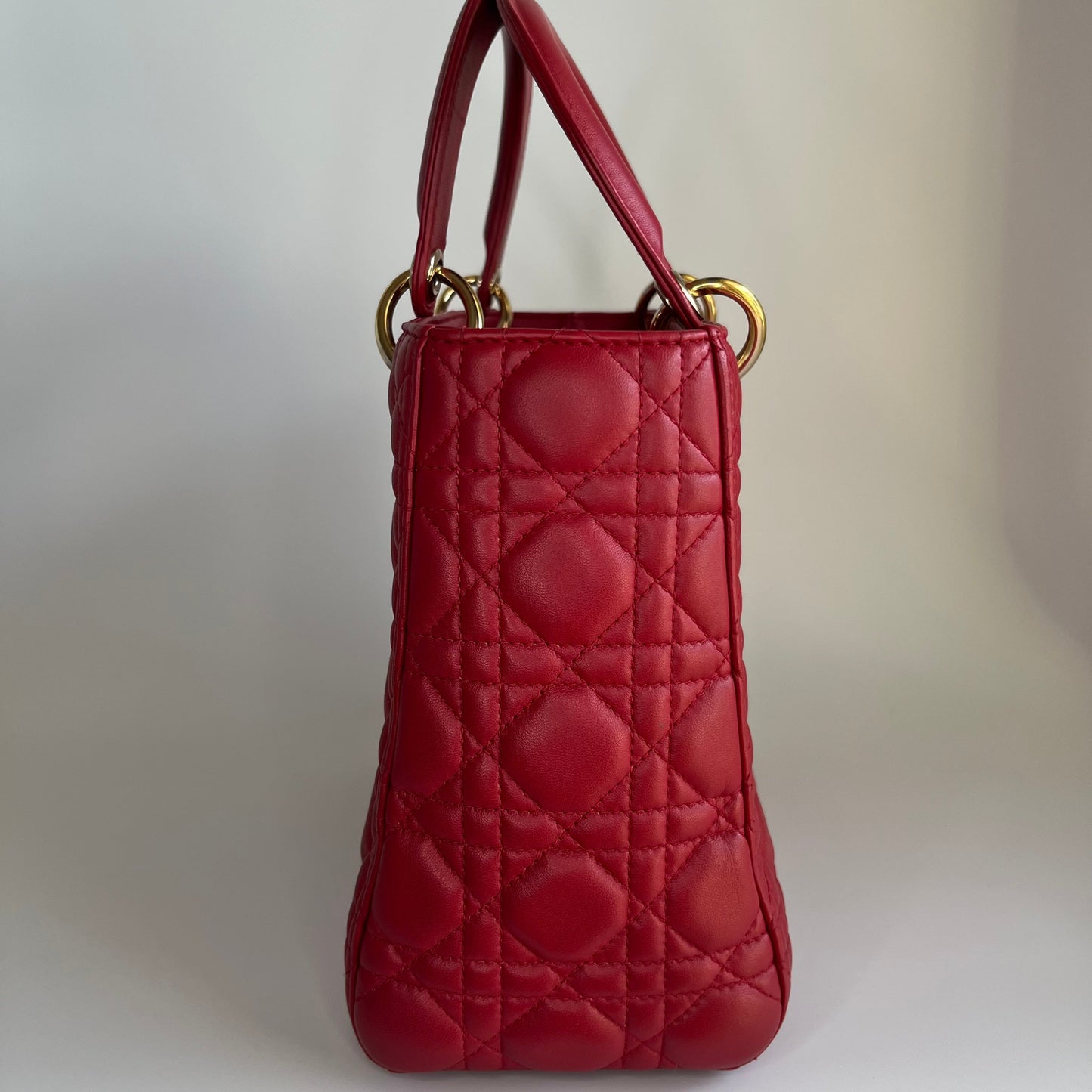 Dior Lady Lambskin Cannage Handbag Leather Red Travel Bag