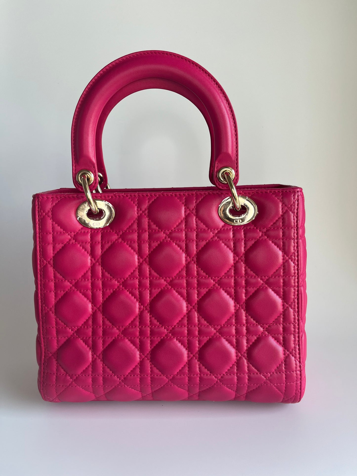 Dior Lady Hot Fuchsia Cannage Handbag Leather Pink Travel Bag