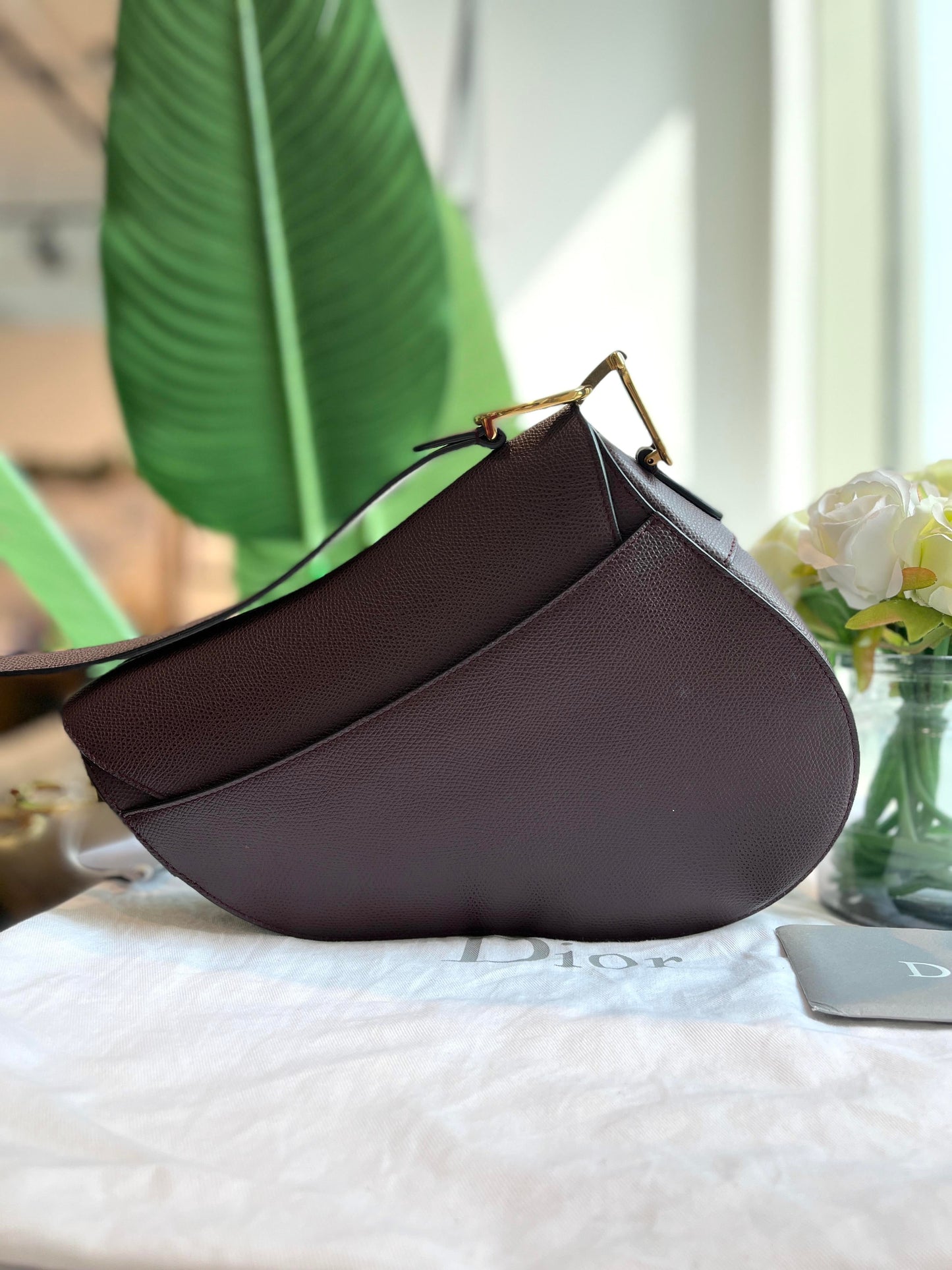 Dior Saddle Maroon Grained Handbag With Strap Leather Medium Travel Bag