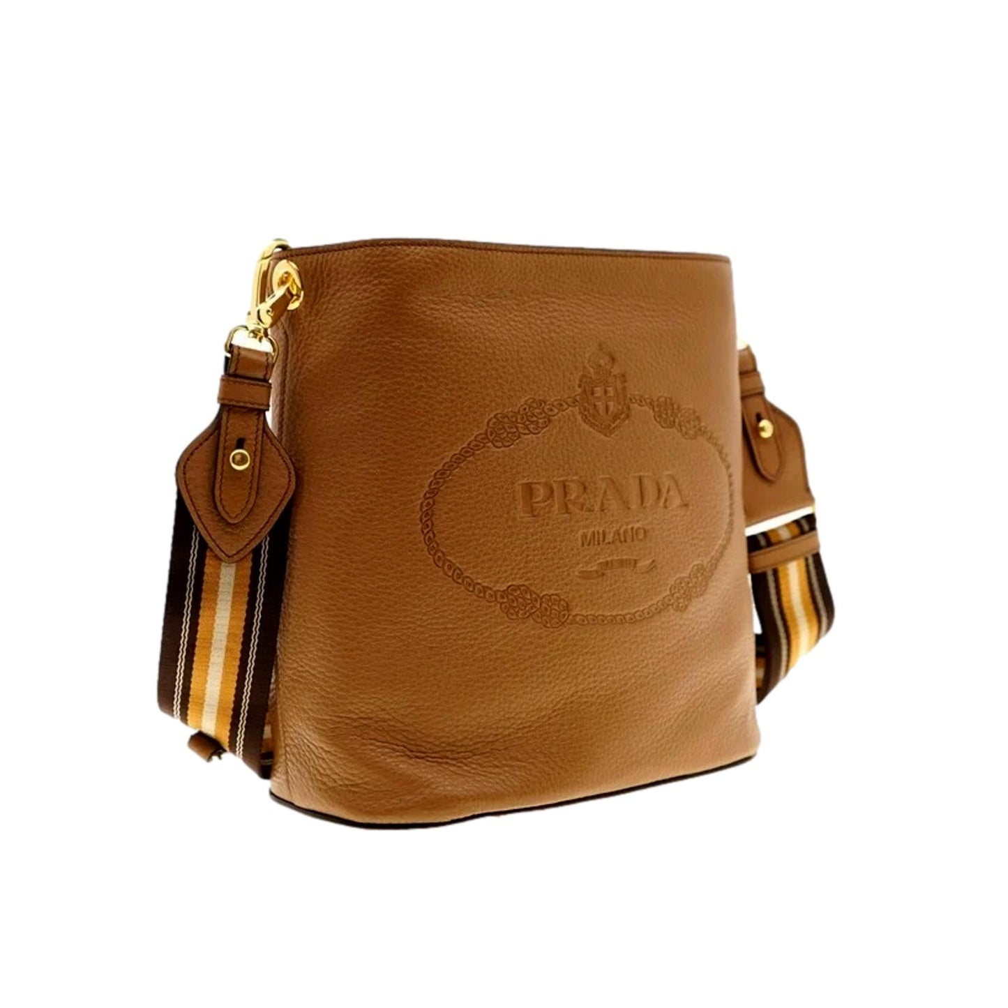 Prada Phenix Crossbody Bag Caramel Web Strap Vitello Brown Bucket