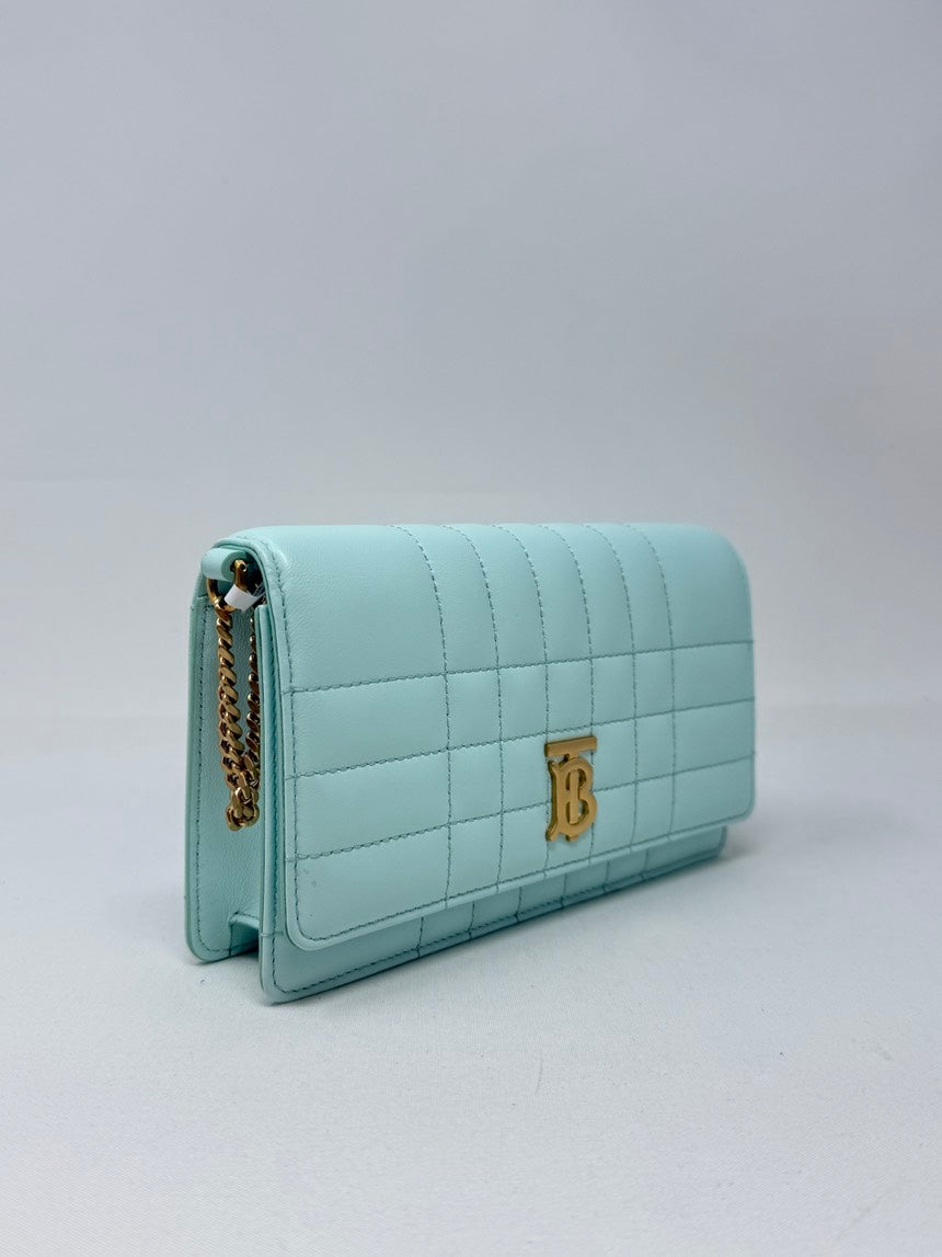 Burberry Luxury Lola Clutch With Light Leather Blue Chain Clutch Bag