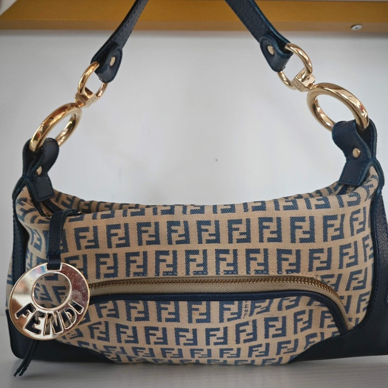Fendi Handbag Zucchino Baguette Bag and Canvas Beige Blue Shoulder Bag