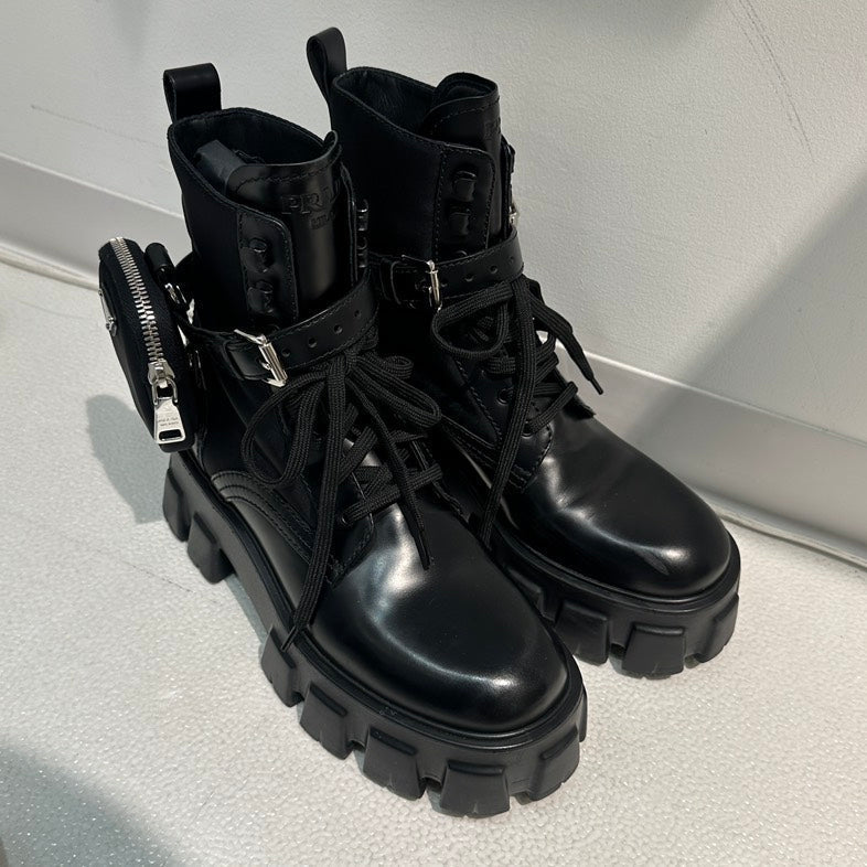 Prada Shoe Monolith Combat Boots 37.5 Leather Black Shoes
