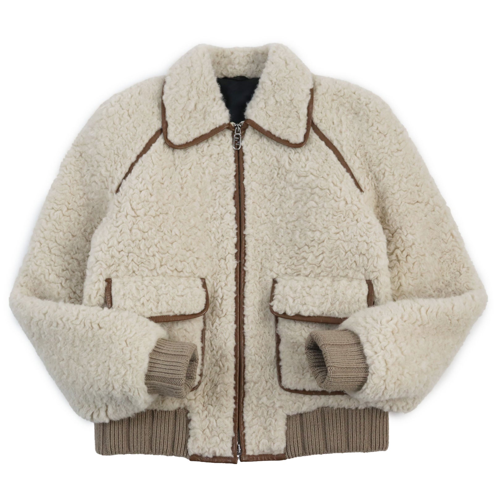 Fendi Blouson Outer Wool Outer Alpaca Part Part Wool Leather Brown Beige Travel Bag