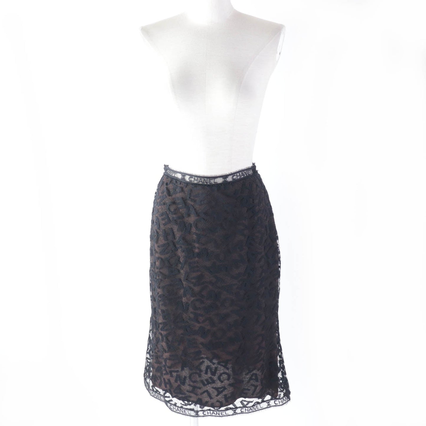 Chanel Logo Lace Knee Skirt Black 38