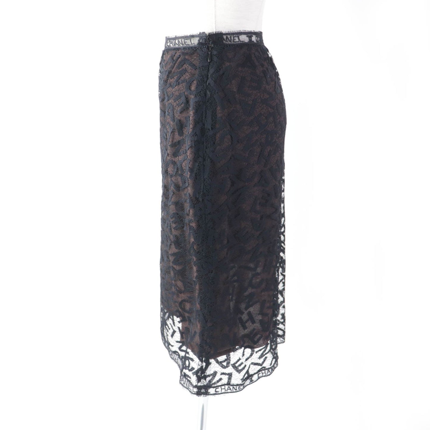 Chanel Logo Lace Knee Skirt Black 38