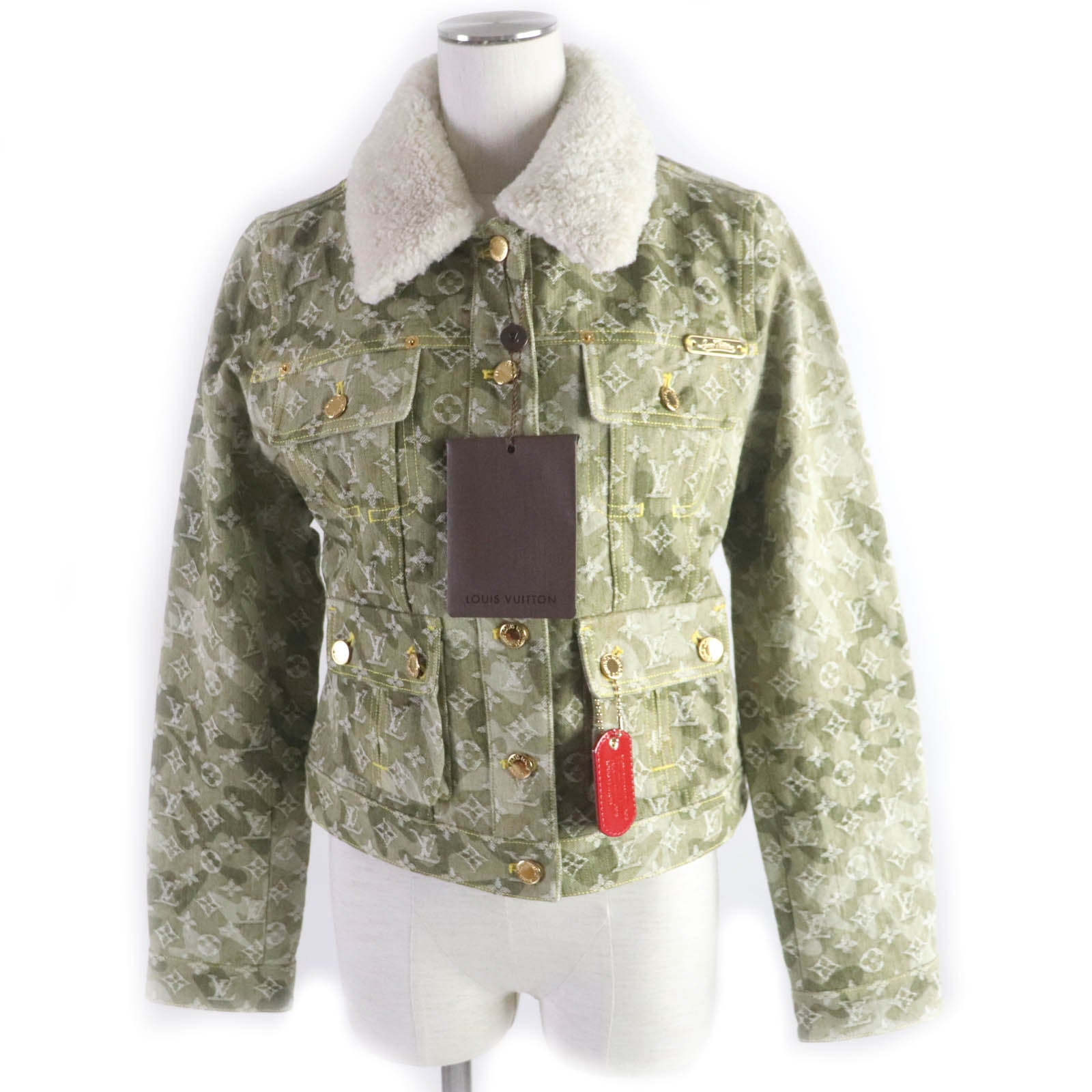 Louis Vuitton Jacket Fur Mouton Monogrammed Lines Denim Cotton Khaki Apparel