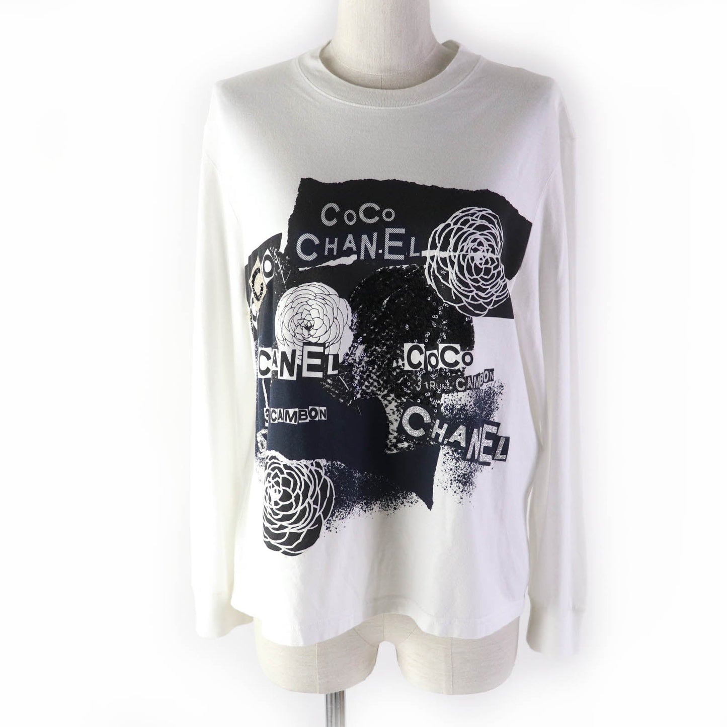 Chanel Cotton Sequin Camellia Logo Long Sleeve Tee Apparel