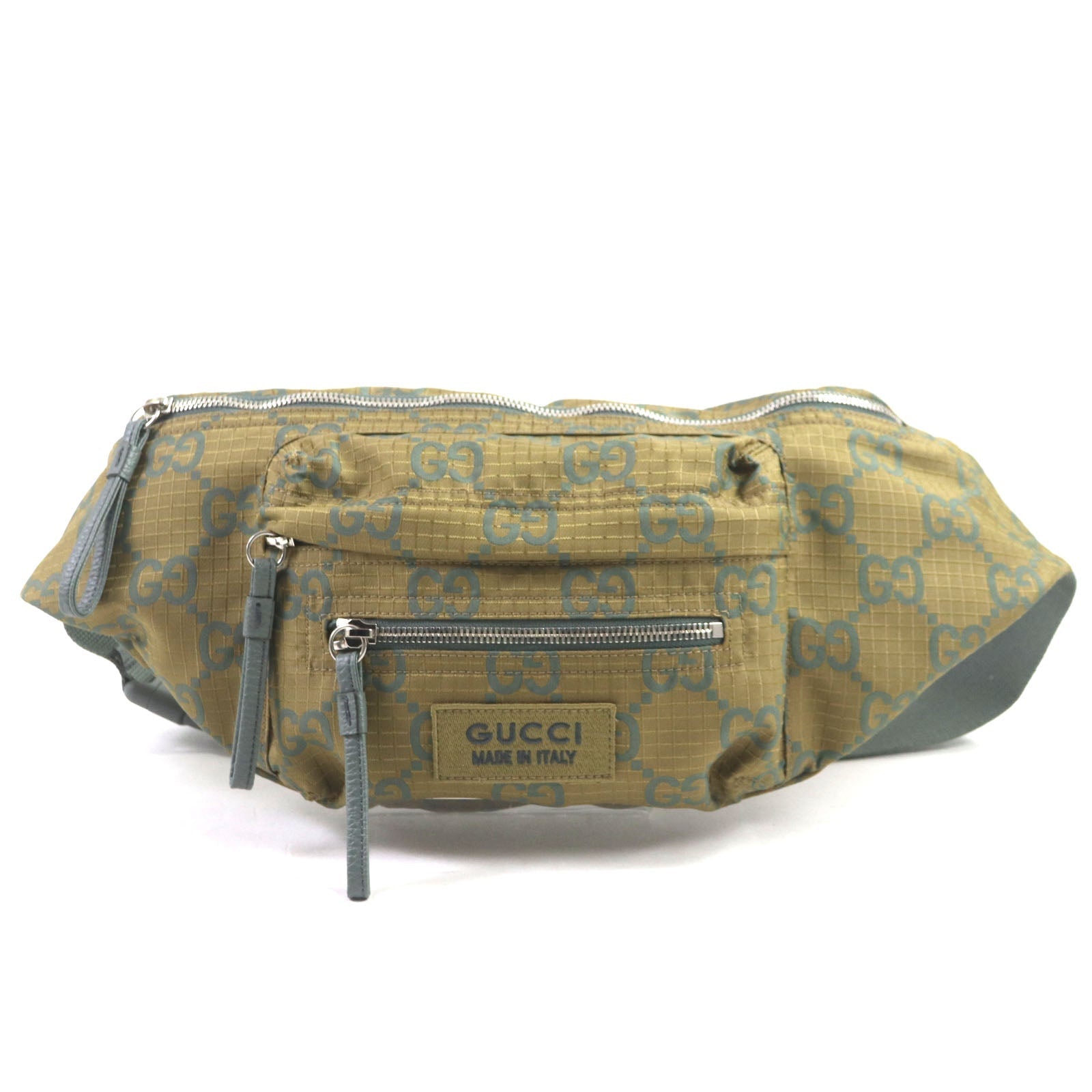 Gucci Waist Part GG Ripstop Leather Nylon Khaki Belt