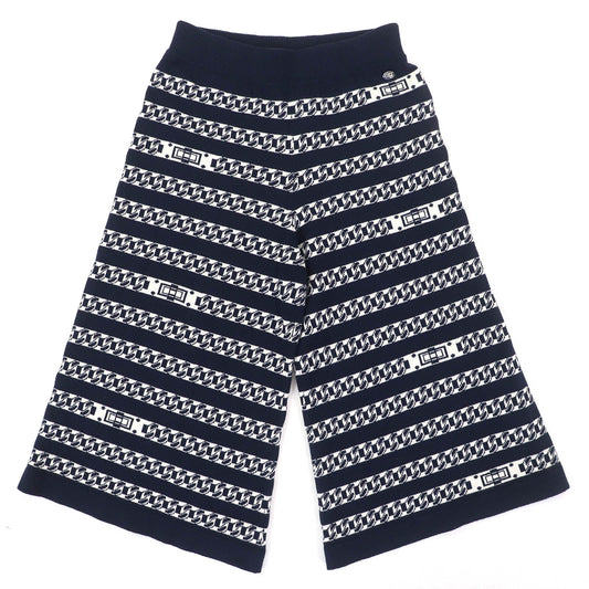 Chanel COCO Mark Chain & Tongue Lock Pattern Knit Wide Pants