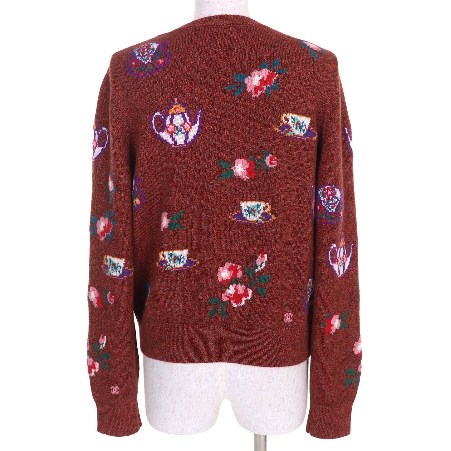 Chanel Lion Button Teacup Pot Floral Print Cashmere Cardigan