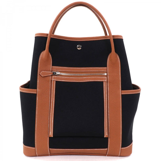 Hermes Tote Bag Toile Military Garden Party Pocket Vertical Black Gold