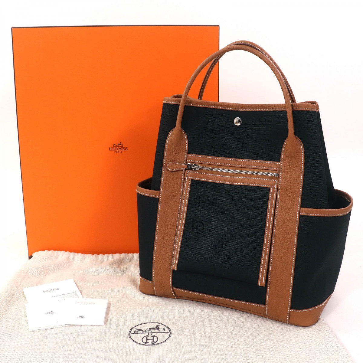 Hermes Tote Bag Toile Military Garden Party Pocket Vertical Black Gold