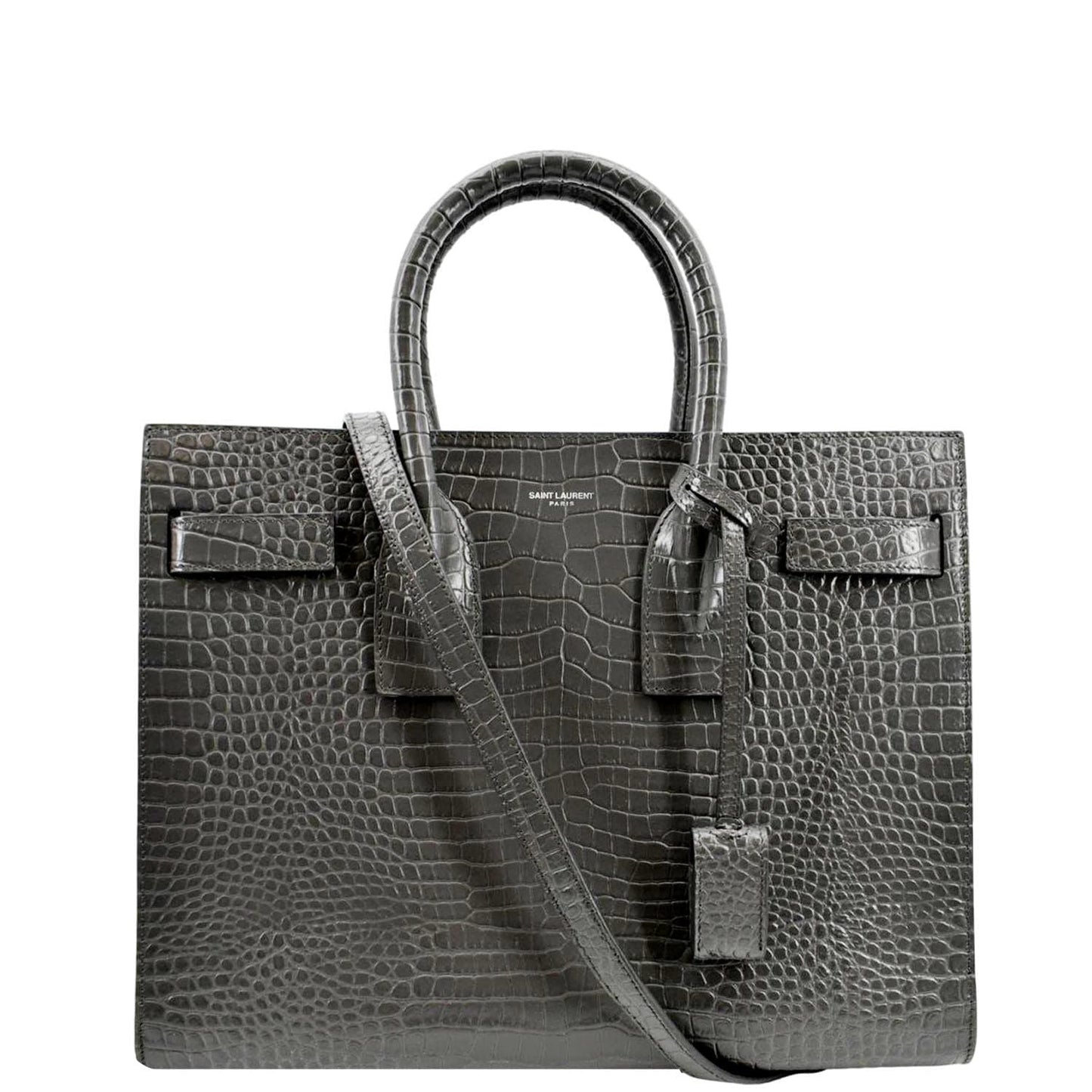 YSL Saint Laurent Yves Sac De Jour Crocodile Satchel Bag Grey Gray Embossed