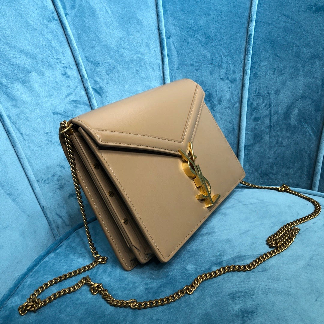 YSL Saint Laurent Cassandra Dark 8.7in 22cm Beige Medium Chain Handbag